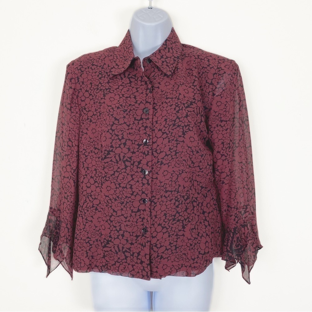 VINTAGE Y2K CYNTHIA HOWIE MAGGY BOUTIQUE Burgundy Floral Silk Blouse Size 8